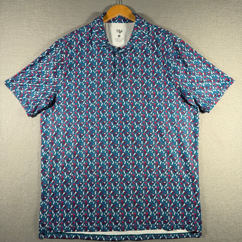 1764 Mens XL Performance Golf Polo Shirt Wine Bottle Vineyard Print Blue Stretch